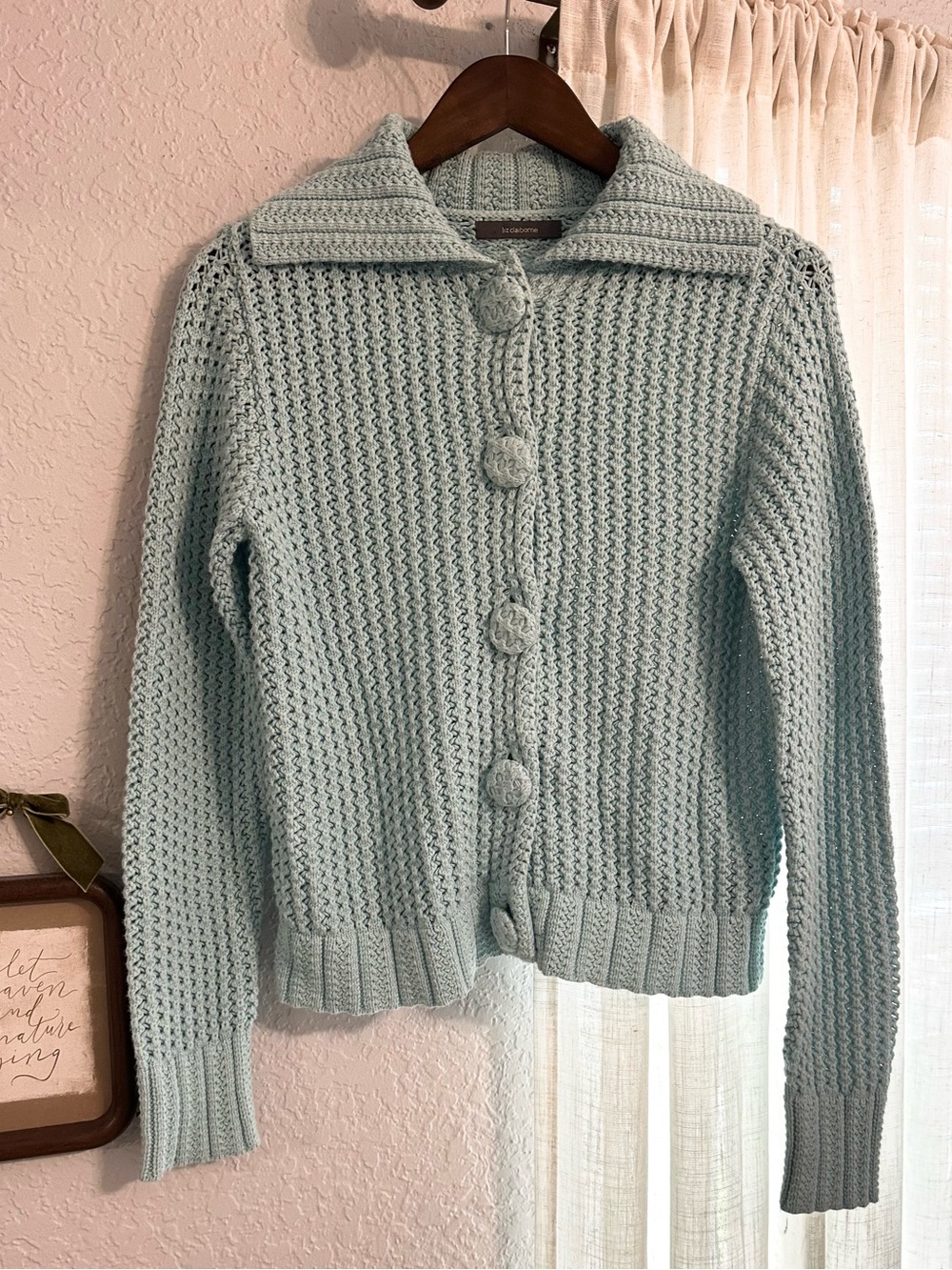 Vintage Liz Claiborne Pale Blue Chunky Textured Knit Button-Front Cardigan